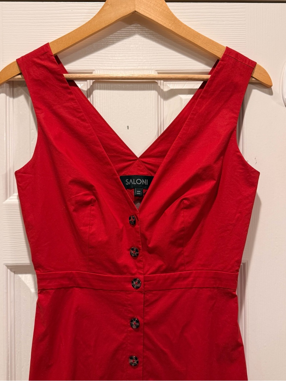 SALONI Zoey Cut Out Cotton Poplin Midi Dress Fluted Hem Red Button Down V Neck 4 - Picture 5 of 12